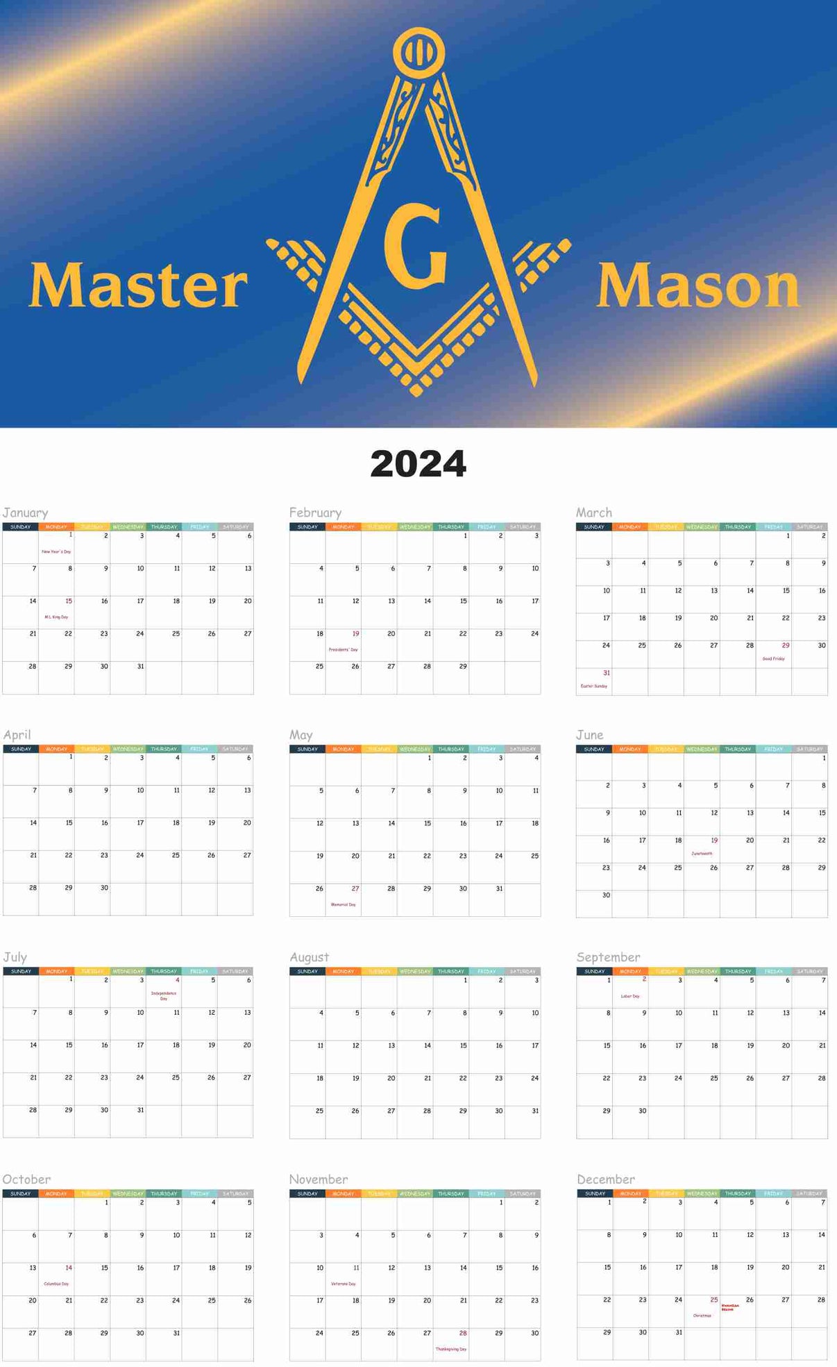 Masonic 2024 Poster Wall Calendar